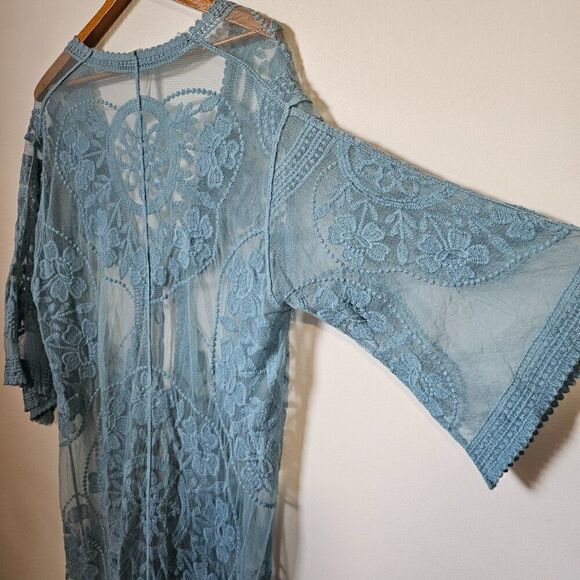 EUC FORGOTTEN GRACE LIGHT BLUE LACE/EMBROIDERED LONG DUSTER KIMONO JACKET S/M - Picture 10 of 12